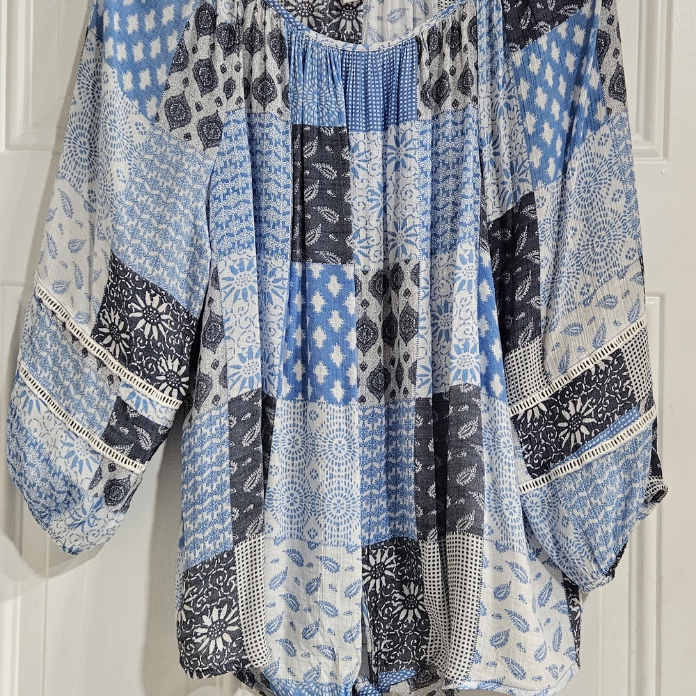 Ruby Rd. Blue and White Patchwork Blouse - Picture 2 of 5